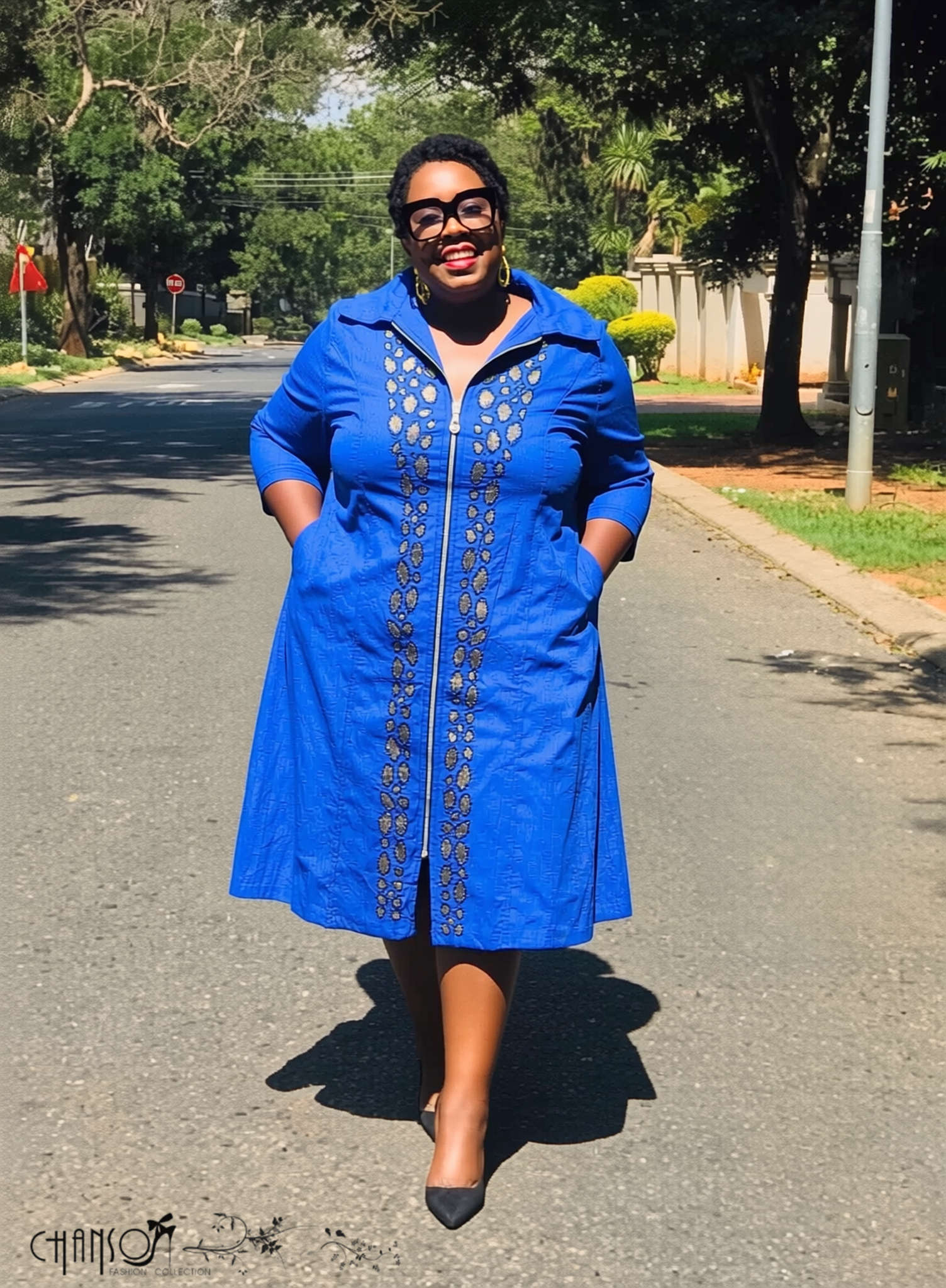 Plus size embroidered collared zip-front midi dress, denim blue with decorative trim
