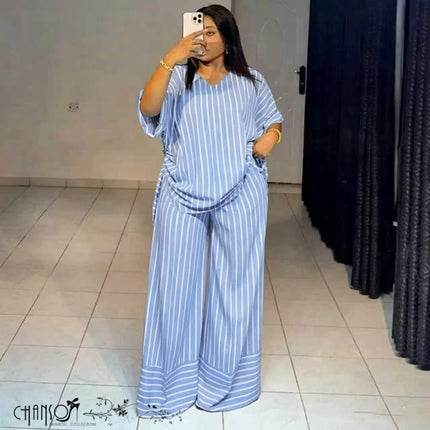 vertical striped loose two-piece matching set in light blue and mustard, plus size casual apparel - view 1