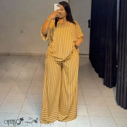 vertical striped loose two-piece matching set in light blue and mustard, plus size casual apparel - view 3
