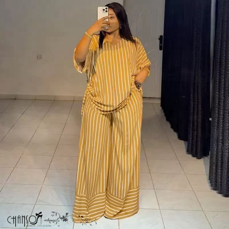 vertical striped loose two-piece matching set in light blue and mustard, plus size casual apparel - view 3