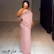vertical striped loose two-piece matching set in light blue and mustard, plus size casual apparel - view 2