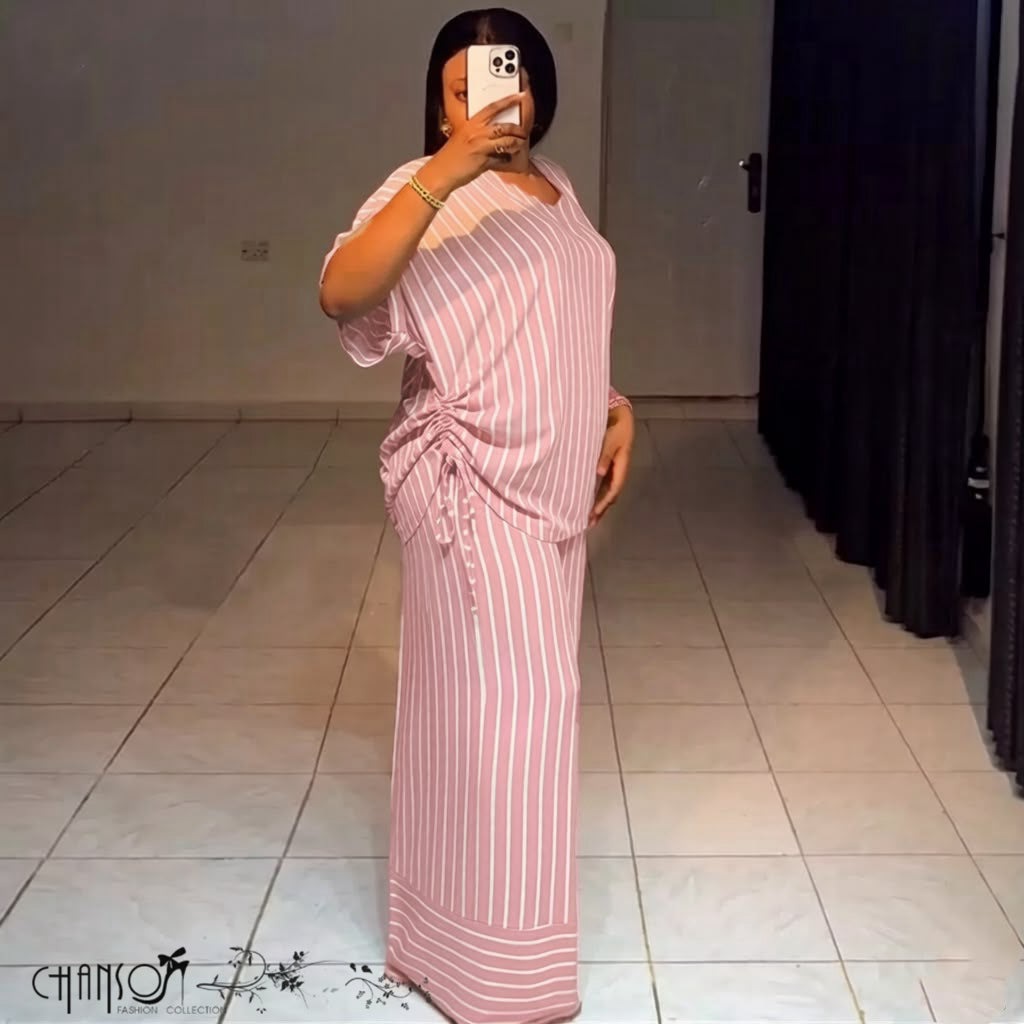 vertical striped loose two-piece matching set in light blue and mustard, plus size casual apparel - view 2