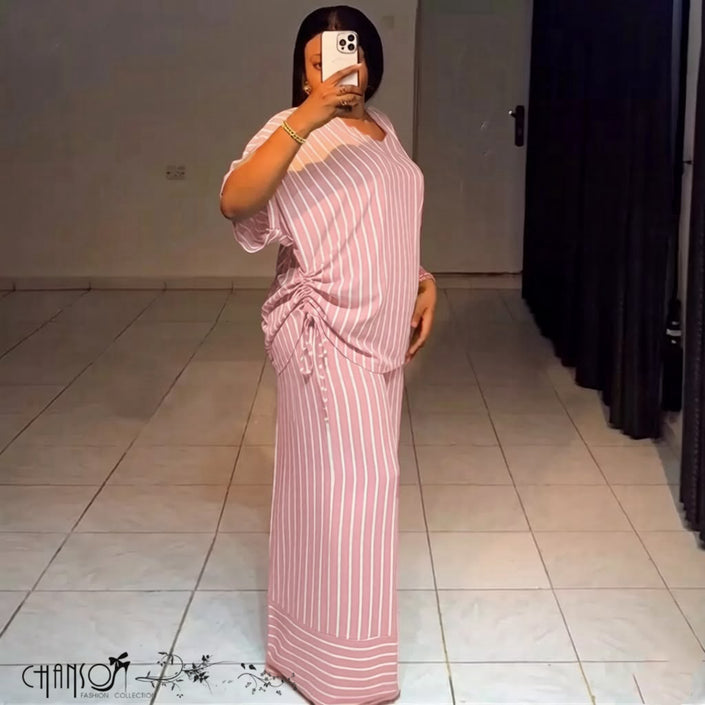 vertical striped loose two-piece matching set in light blue and mustard, plus size casual apparel - view 2