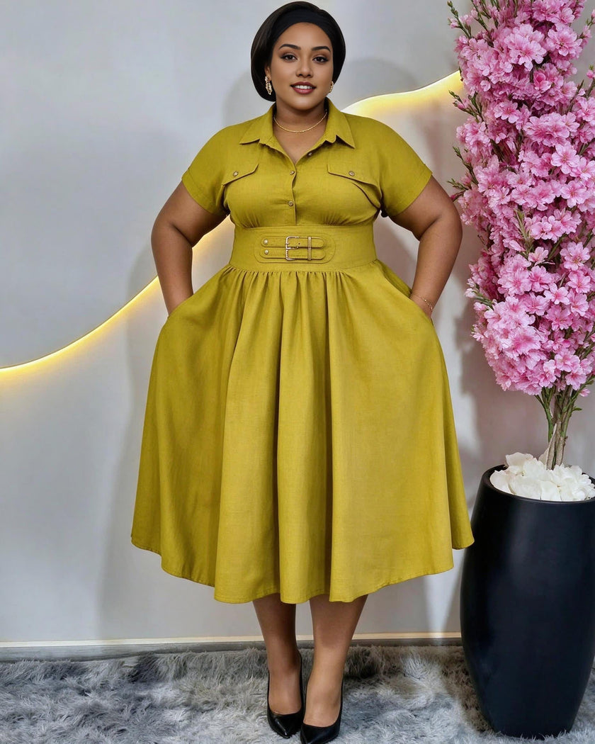 Plus-size mustard collared midi dress with short sleeves, buckle belt, and pockets