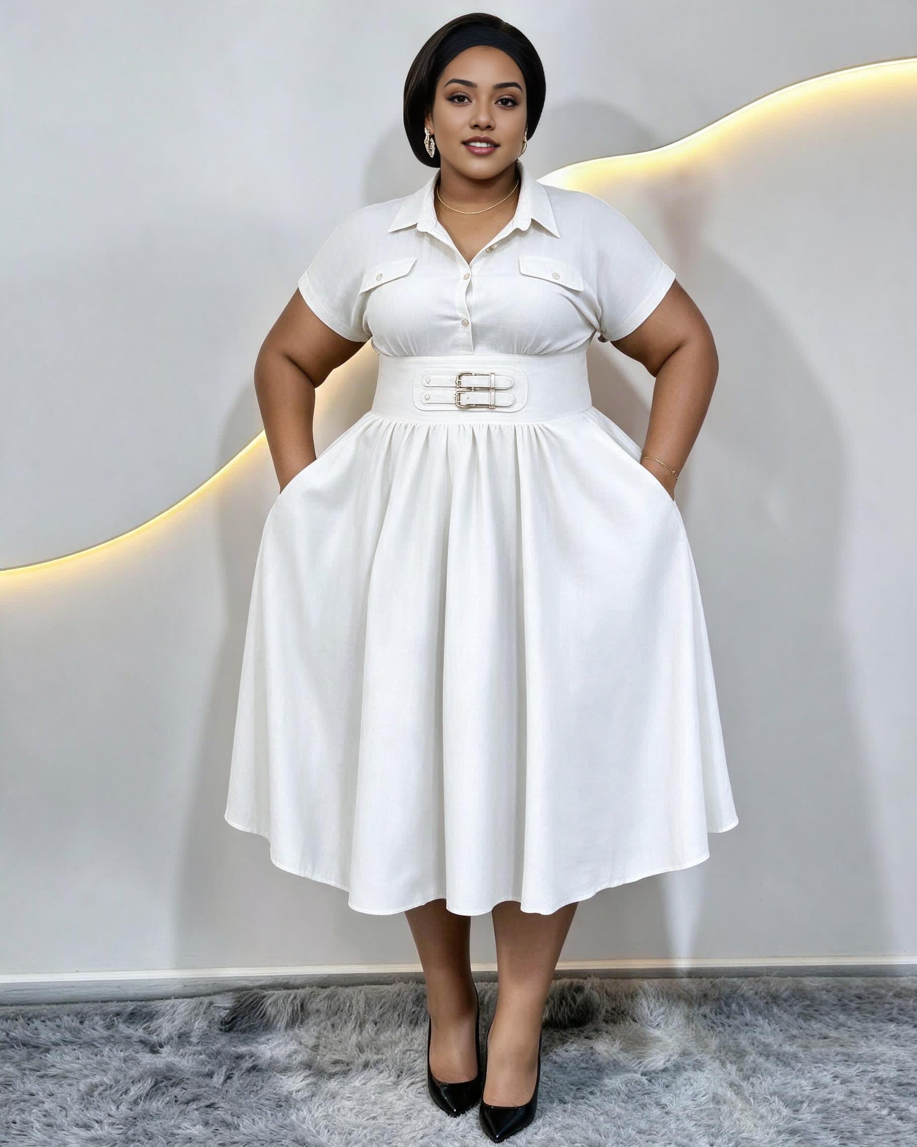 Plus-size white collared midi dress with short sleeves, buckle belt, and pockets