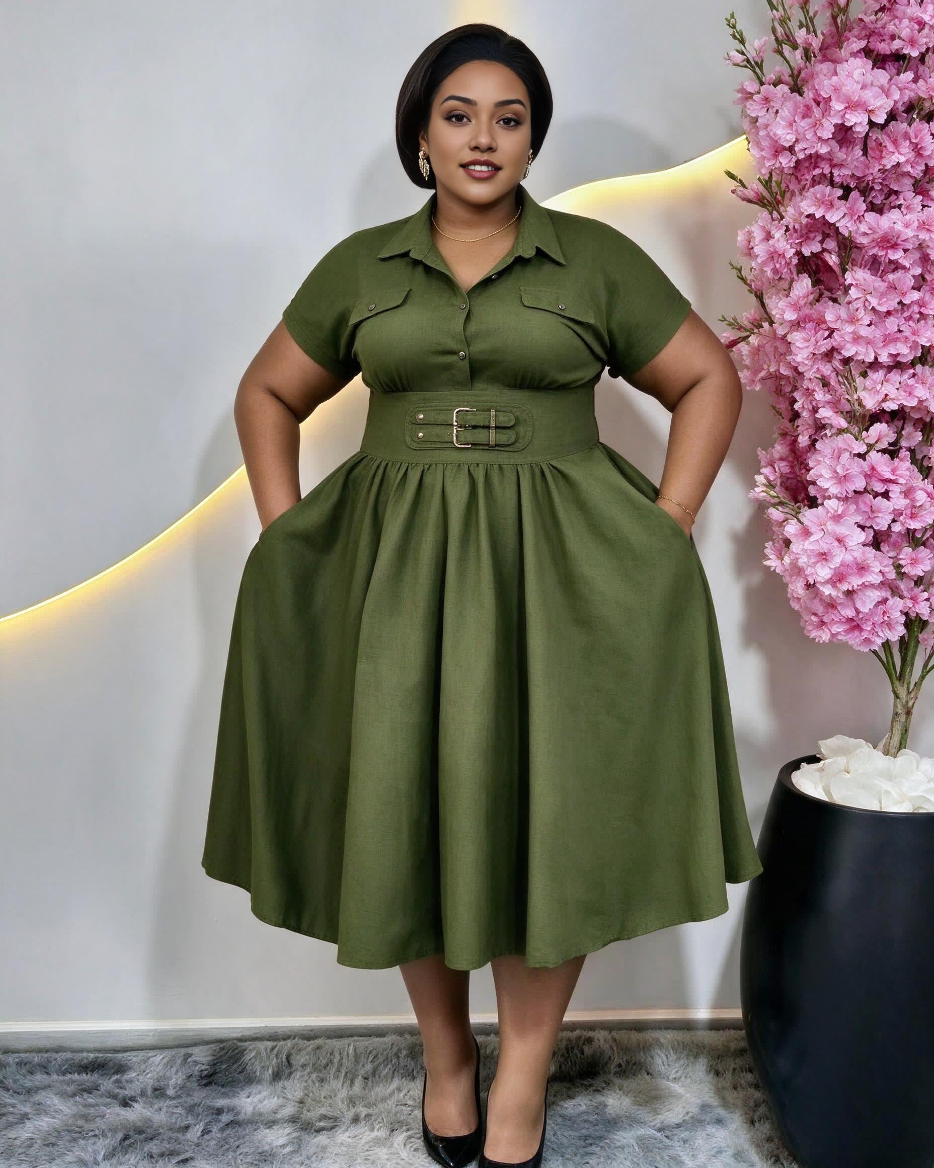 Plus-size olive collared midi dress with short sleeves, buckle belt, and pockets