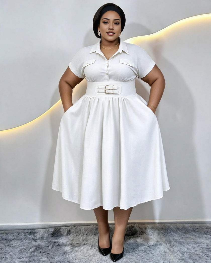 Plus-size white collared midi dress with short sleeves, buckle belt, and pockets