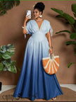 Blue maxi dress with deep V neckline and tie sleeves, gathered waist