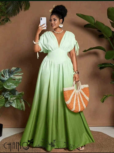 Gradient Maxi Dress  Deep V Tie Sleeve