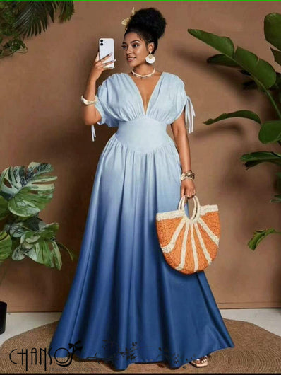 Gradient Maxi Dress  Deep V Tie Sleeve
