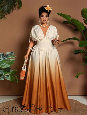 Gradient Maxi Dress  Deep V Tie Sleeve