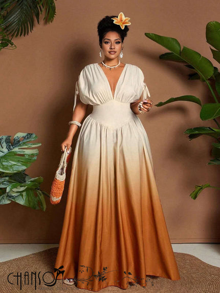Gradient Maxi Dress  Deep V Tie Sleeve