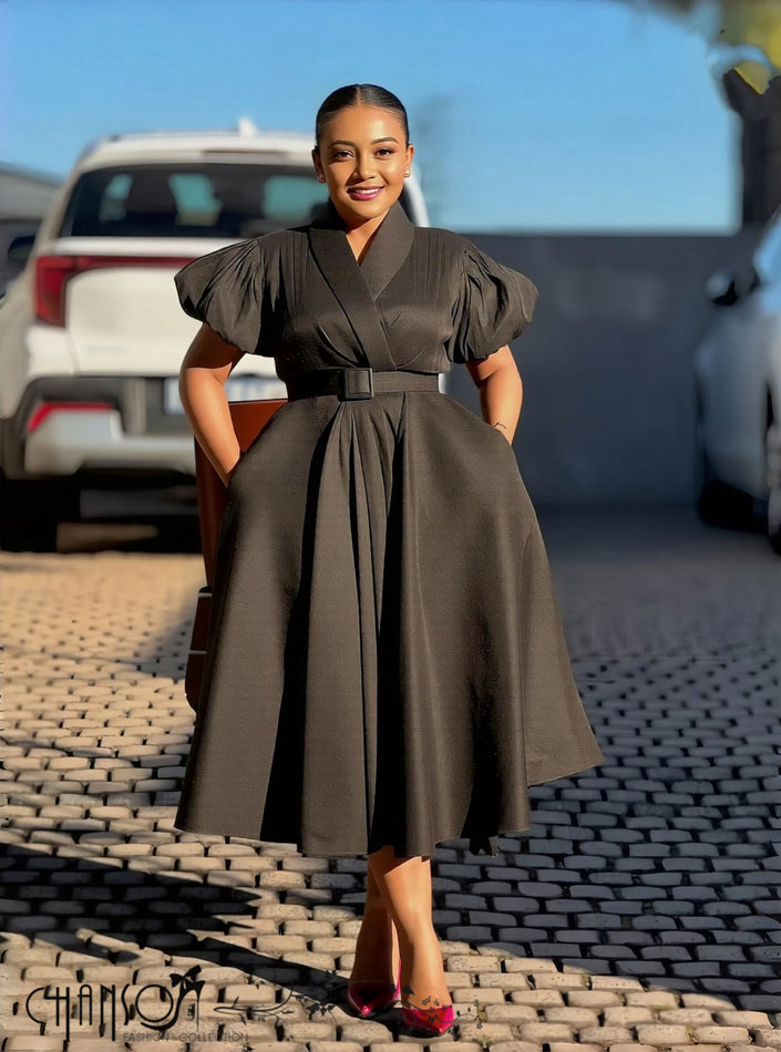 Black puff-sleeve belted midi dress, pleated skirt