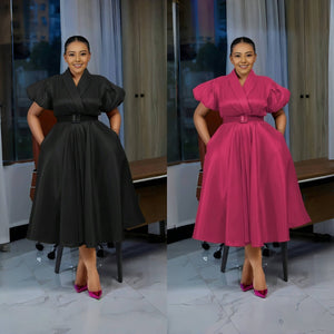 Puff-sleeve belted midi dress in black and hot pink