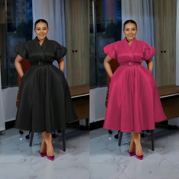 Puff-sleeve belted midi dress in black and hot pink