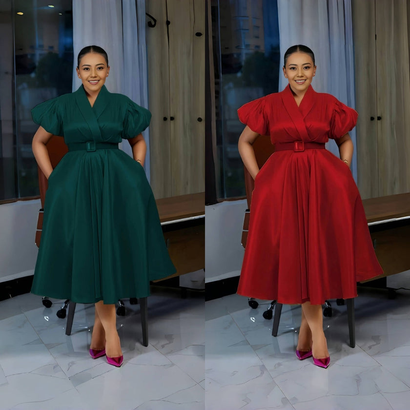 Green belted puff-sleeve midi dress with V-neck, cinched waist and full skirt