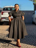 Black belted puff-sleeve midi dress with V-neck, gathered waist, full skirt
