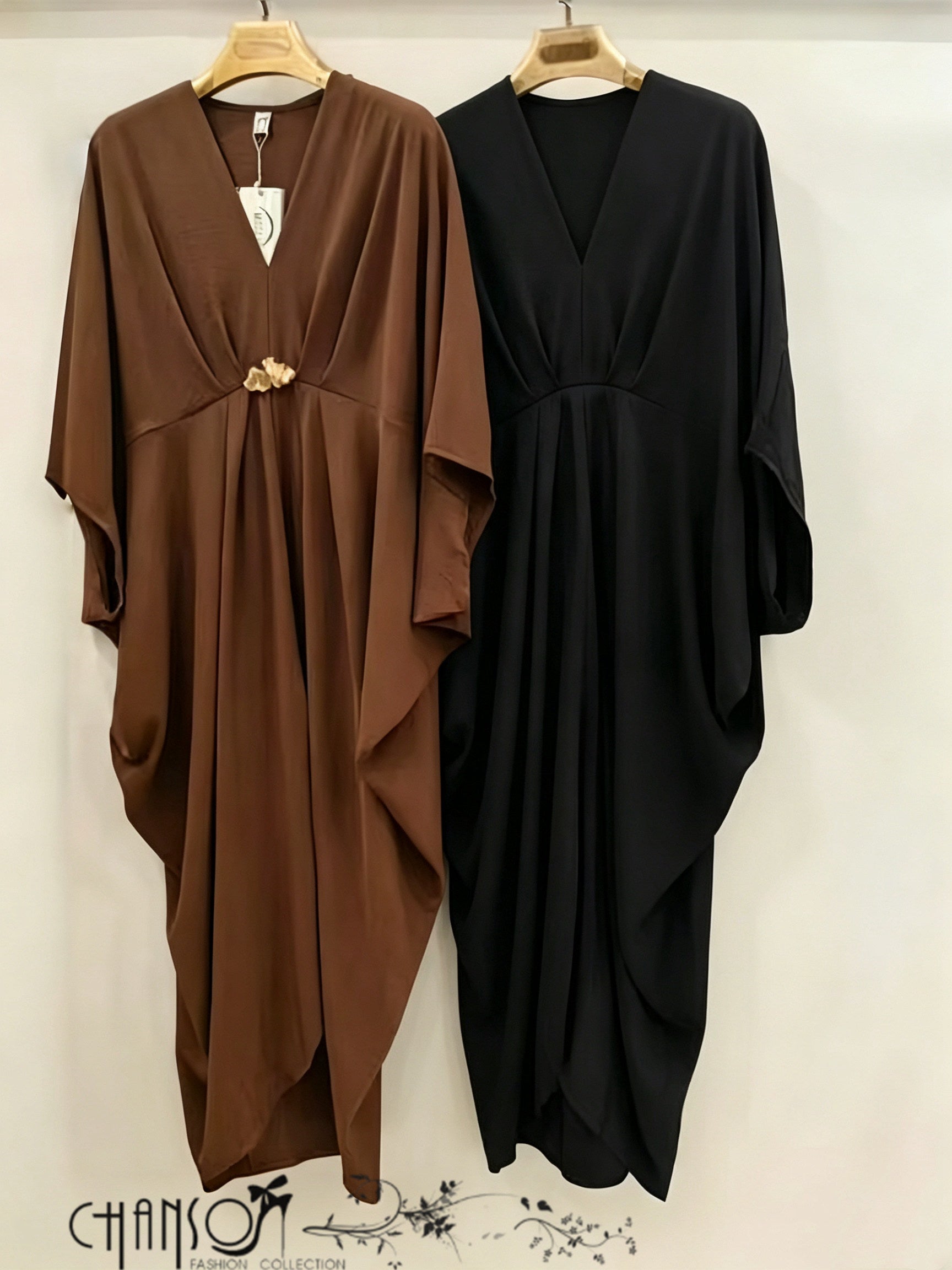 V-neck gold accent loose maxi dress for women in brown and black - view 1
