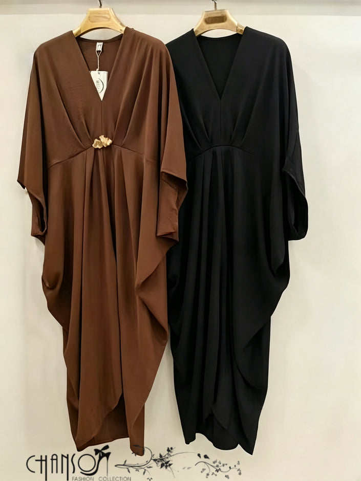 V-neck gold accent loose maxi dress for women in brown and black - view 1