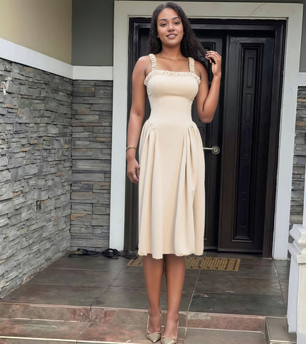 Square Neck Pleated Maxi Dress with Gathered Straps