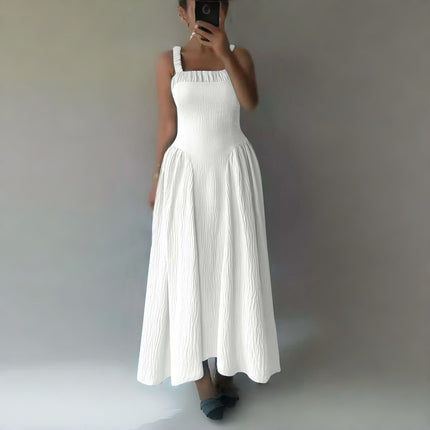 White sleeveless pleated maxi dress with square neckline and gathered straps