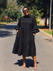Black lace-trim tiered midi shirt dress with puff sleeves and ruffled hem