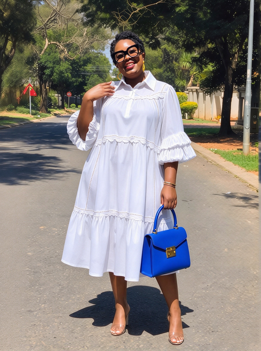 White lace-trim tiered midi shirt dress with ruffled sleeves and tiered skirt