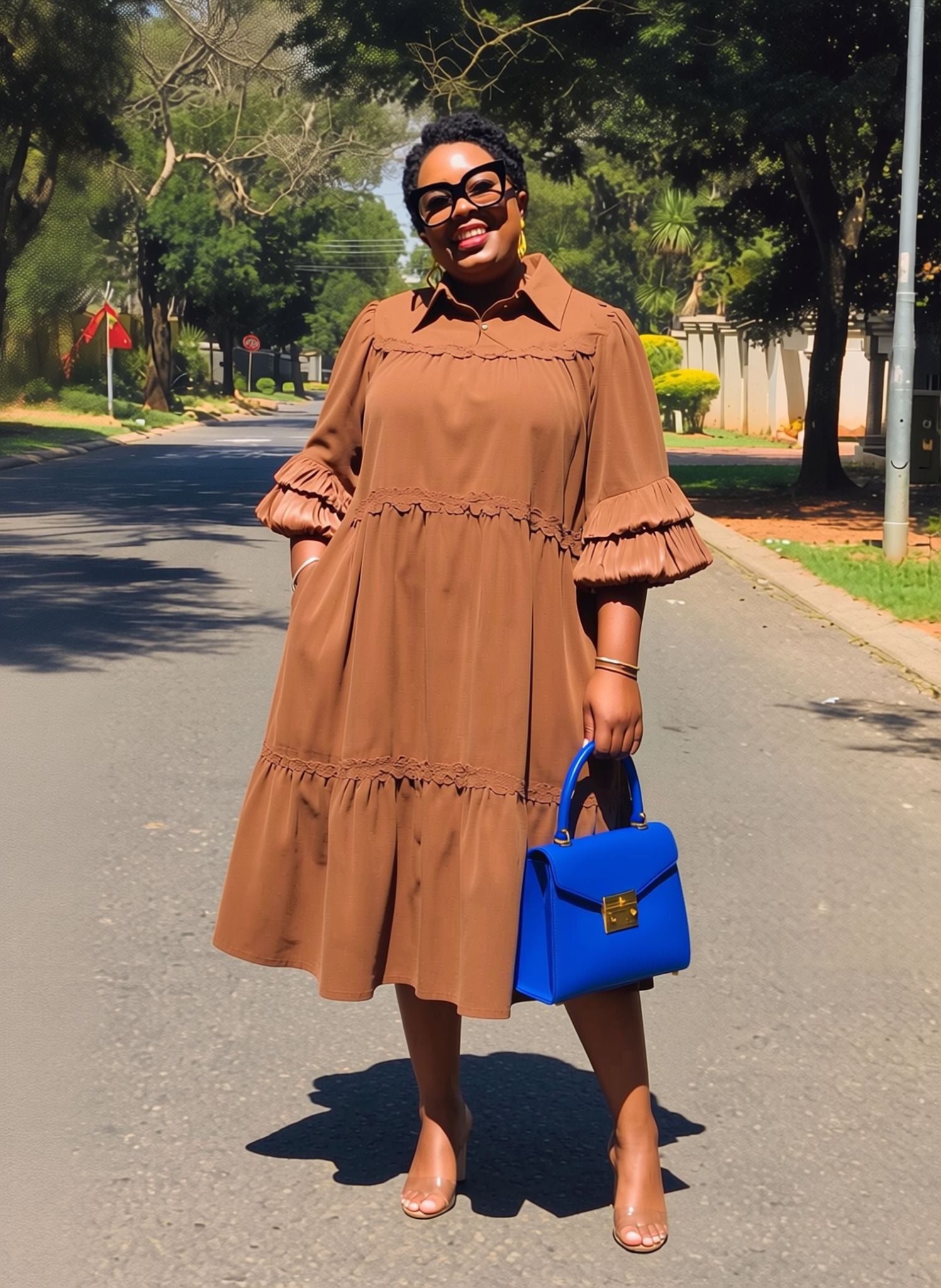 Brown lace-trim tiered midi shirt dress with ruffled sleeves