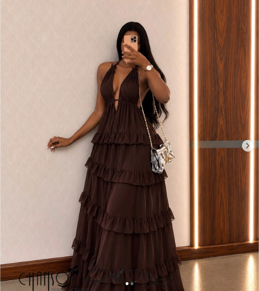 Dark brown tiered ruffle maxi dress with deep V halter neckline
