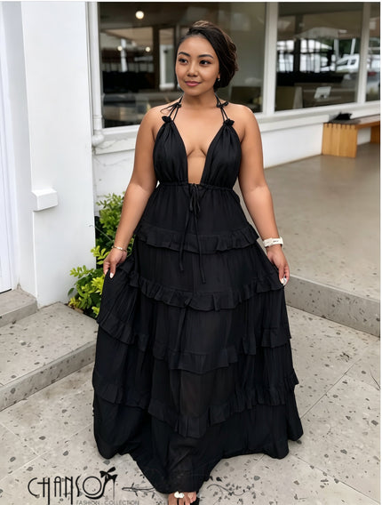 Black tiered ruffle maxi dress with deep V halter neckline