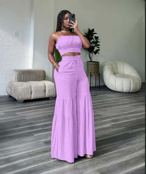 Women's Tiered Ruffle Wide-Leg Pants Set – Cropped Spaghetti Strap Top