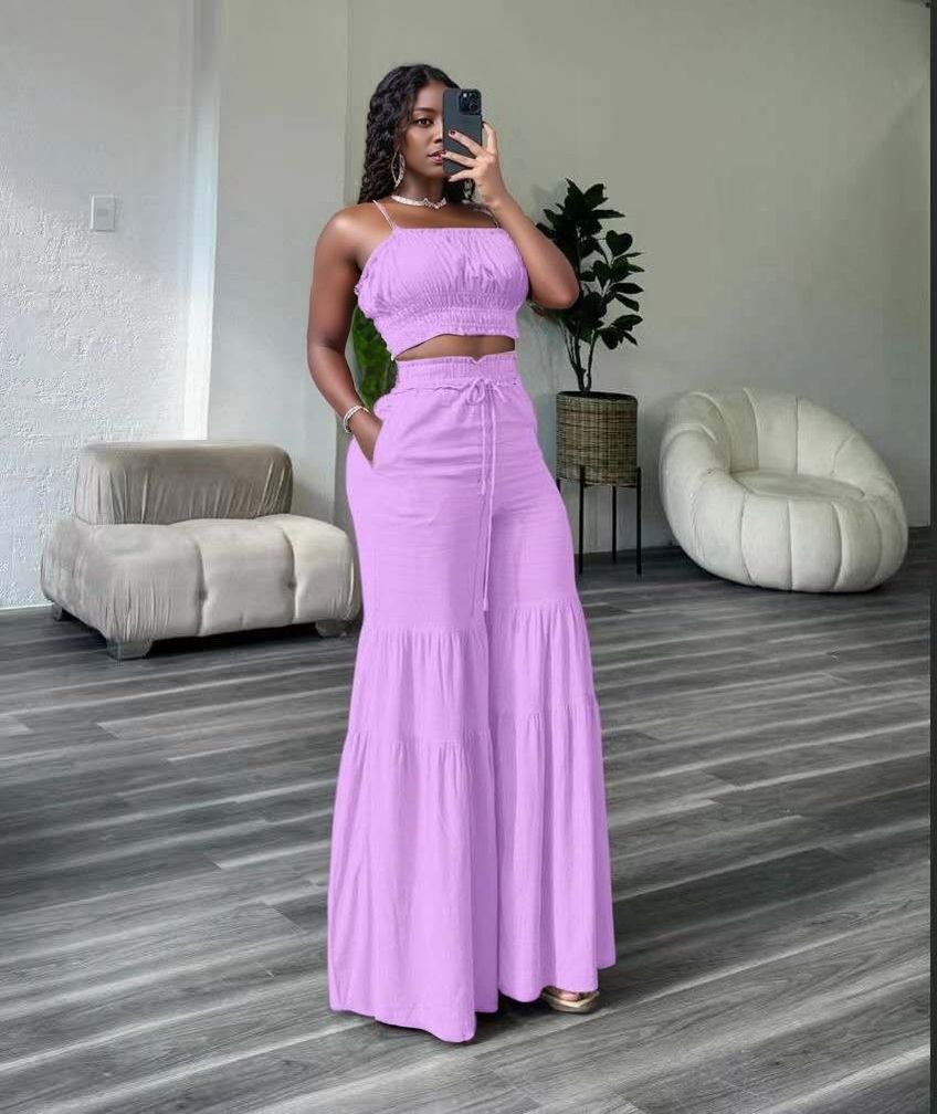 Women's Tiered Ruffle Wide-Leg Pants Set – Cropped Spaghetti Strap Top