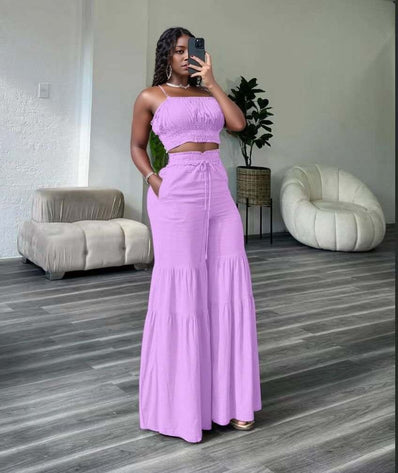Women's Tiered Ruffle Wide-Leg Pants Set – Cropped Spaghetti Strap Top