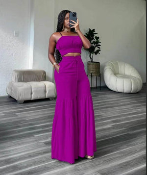 Women's Tiered Ruffle Wide-Leg Pants Set – Cropped Spaghetti Strap Top
