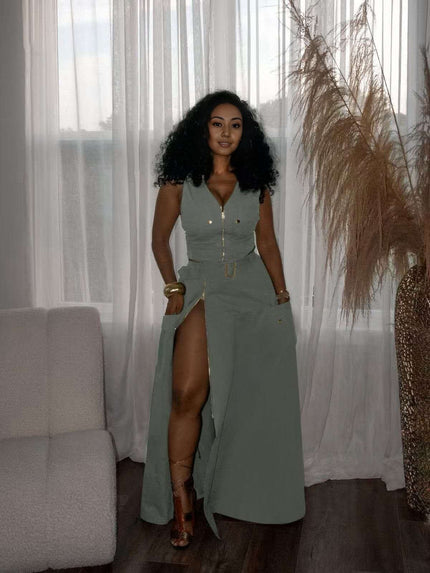 Maxikleid mit Schlitz, ärmellos, goldfarbene Knöpfe und Taillengürtel – Army-Green