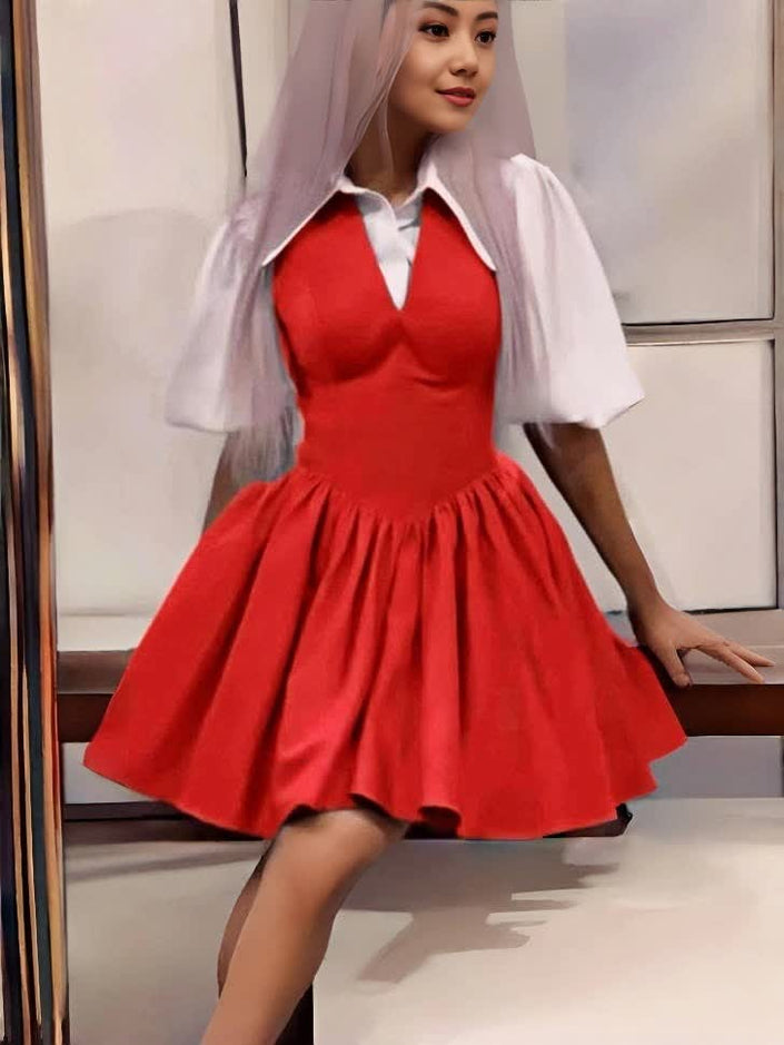 Red mini puff-sleeve dress with V-neck bodice and gathered skirt