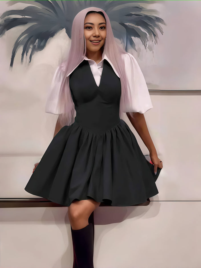 Black mini puff-sleeve dress with V-neck and flared gathered skirt