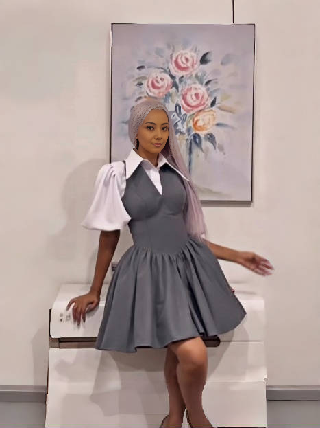 Grey mini puff-sleeve dress with V-neck bodice and pleated flared skirt