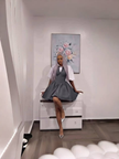 Grey mini puff-sleeve dress with V-neck bodice and flared skirt