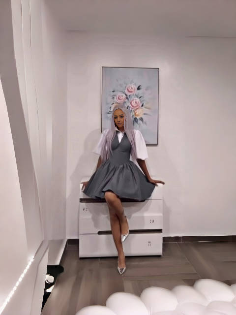 Grey mini puff-sleeve dress with V-neck bodice and flared skirt
