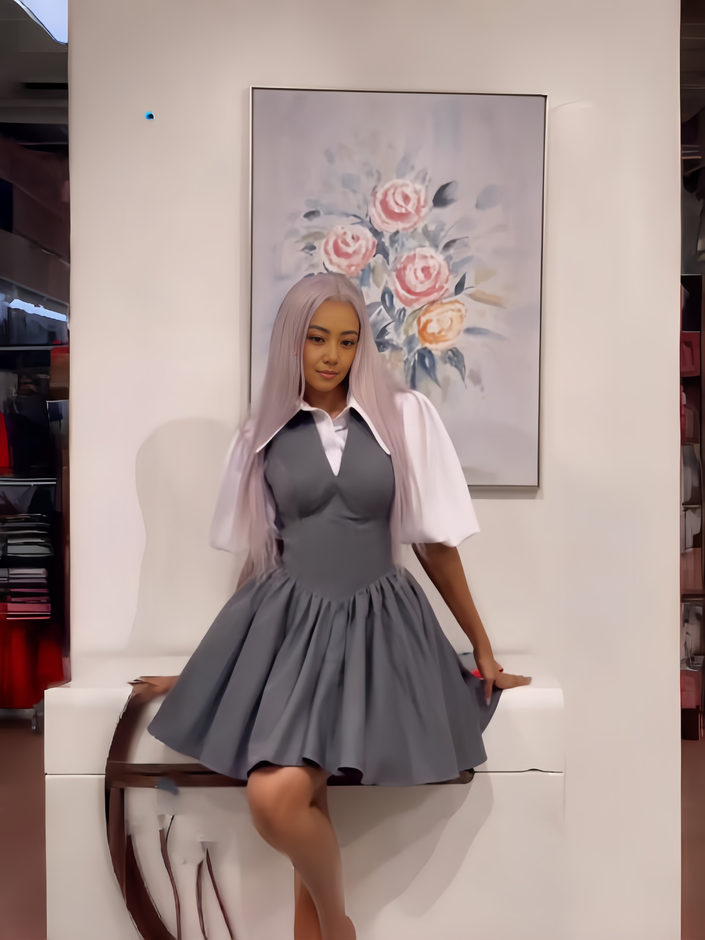Grey mini puff-sleeve dress with V-neck and gathered skirt