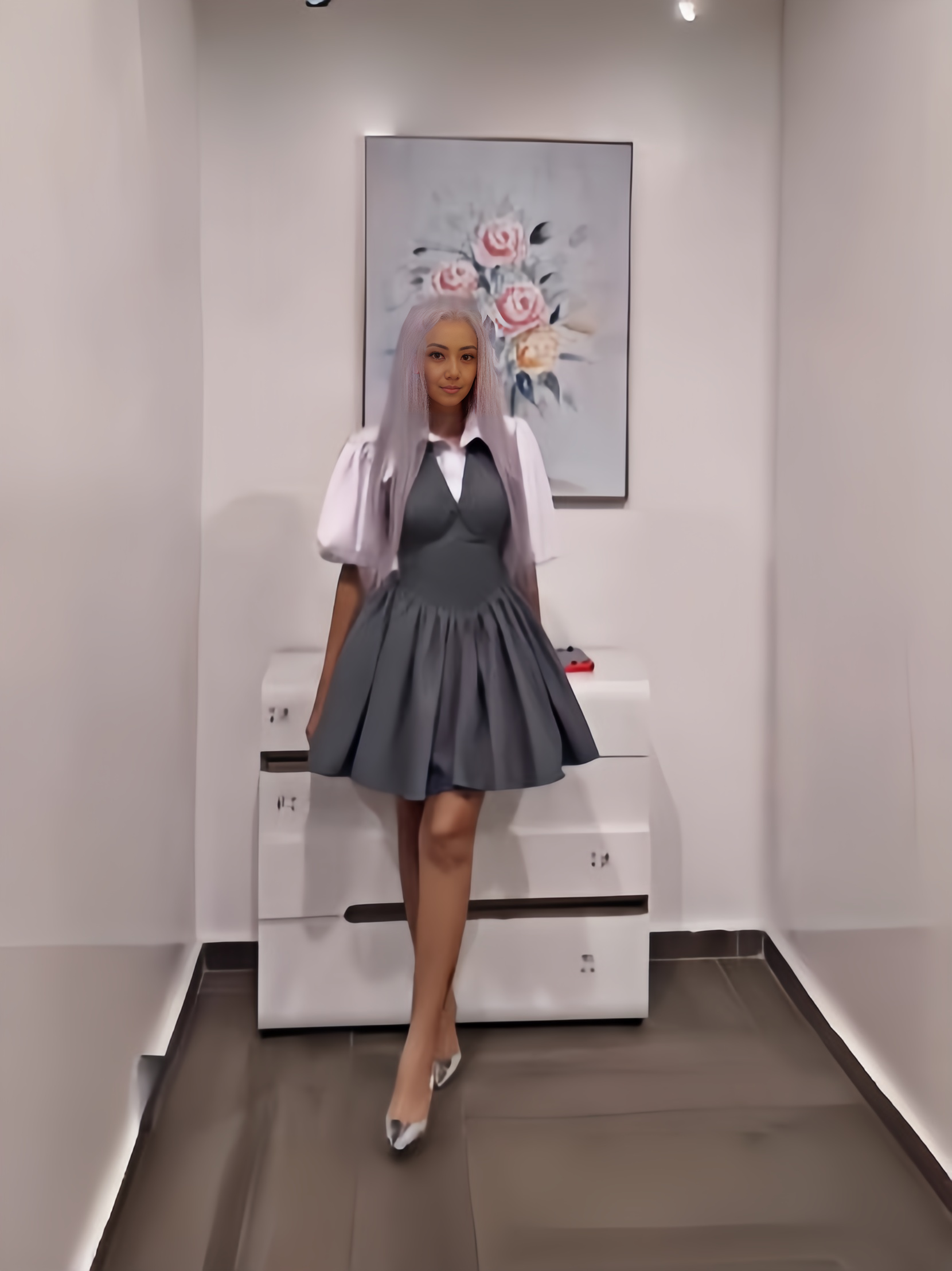 Grey mini puff-sleeve dress with V-neck bodice and full gathered skirt