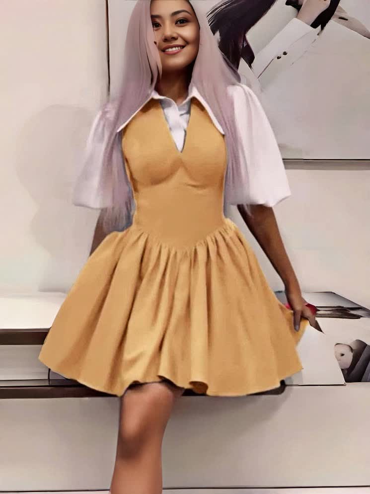 Tan mini puff-sleeve dress with V-neck bodice and gathered flared skirt