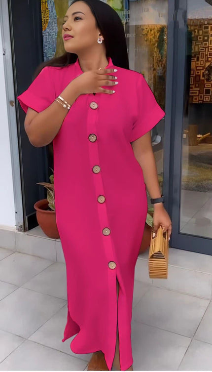 Deep-pink maxi shirt dress with short sleeves and front button placket