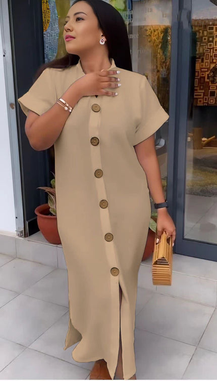 Nude maxi shirt dress with short sleeves and front button placket