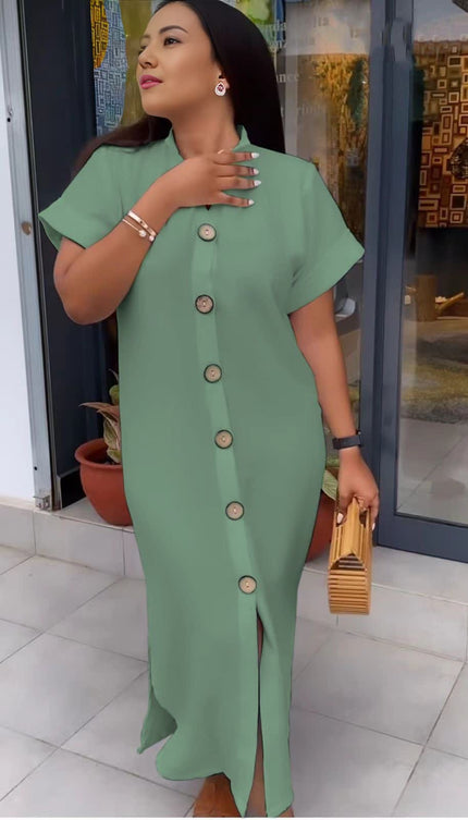 Medium-aquamarine maxi shirt dress with short sleeves and front button placket