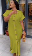 Yellow-green maxi shirt dress with short sleeves and front button placket
