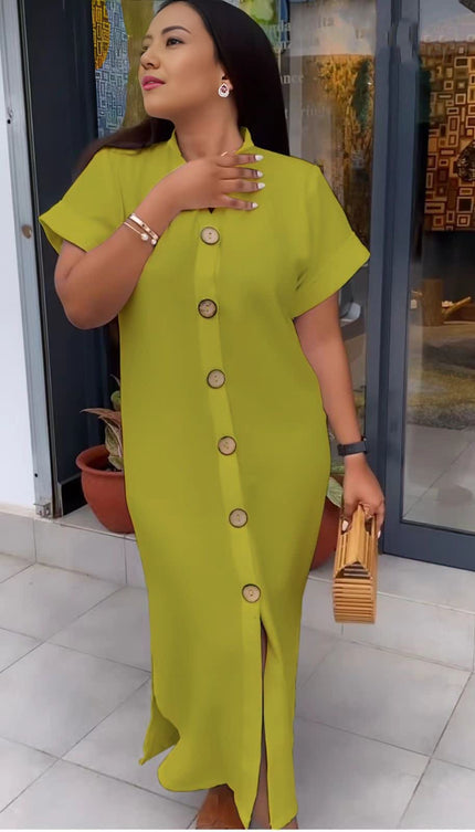 Yellow-green maxi shirt dress with short sleeves and front button placket