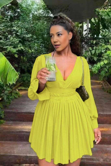 Pleated mini dress with V-neck, long sleeves, gathered waist, yellow-green