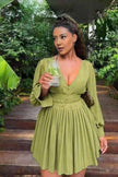 Pleated mini dress with V-neck, long sleeves, gathered waist, olive green
